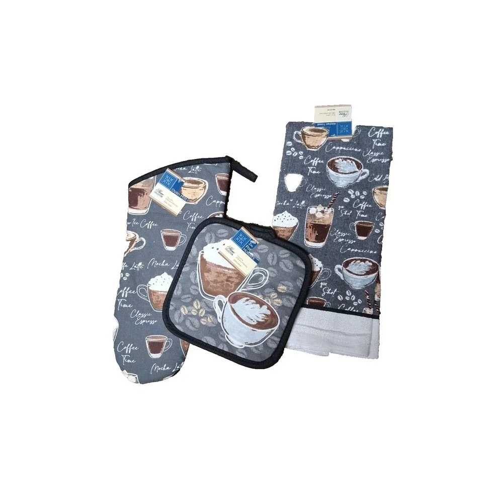 Coffee Time 4 Pc Kitchen Towel Set - 1 Towels, 2 PotHolders, 1 Oven Mitt - NWT